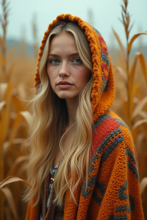 cinematographic photo Create a vivid description capturing the essence of a slender blond hippy women with wearing a boldly patterned chunky knit hooded Cape, look directly into the camera., in a tall golden corn festival field. The surreal scene is furthe...