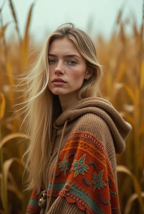 cinematographic photo Create a vivid description capturing the essence of a slender blond hippy women with wearing a boldly patterned chunky knit hooded Cape, look directly into the camera., in a tall golden corn festival field. The surreal scene is furthe...