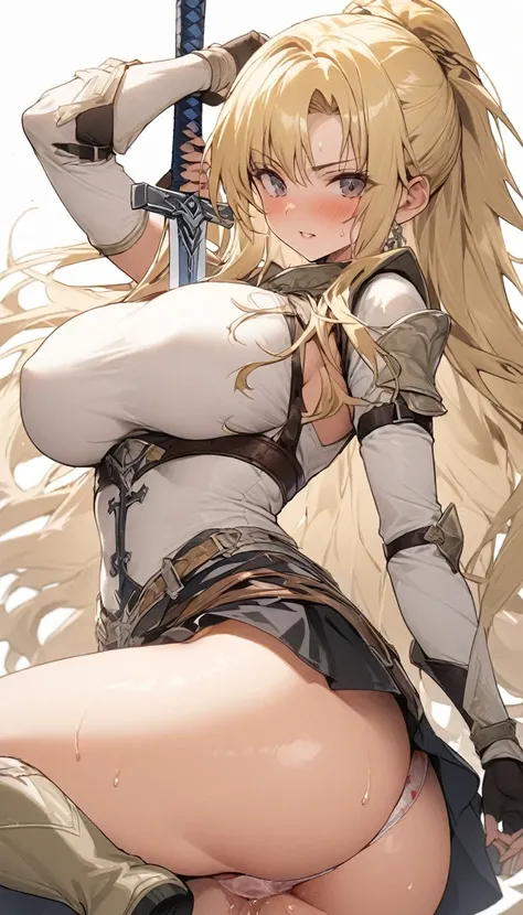 Ultra-high definition image quality、beautiful girl、Female Swordsman、Light Armor、Greeboots、Long Hair、blonde、20-year-old、have confidence々face、Very short tight skirt、Sexy stance、Cowgirl、wilderness、Highest quality,Big Ass、Big Breasts、Thighs、Grasping the hilt o...