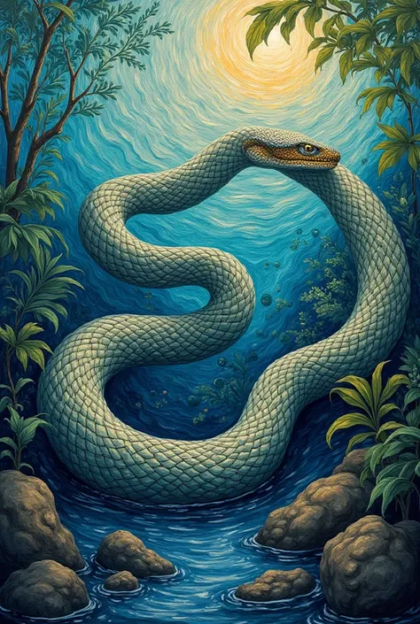 generates a painting of an anaconda with Van Goghs impressionism technique.
