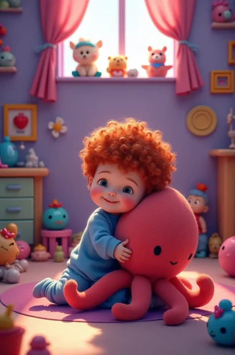 In the background a purple room with many toys A , Short curly red hair Sitting in a corner with a red and blue octopus stuffed animal