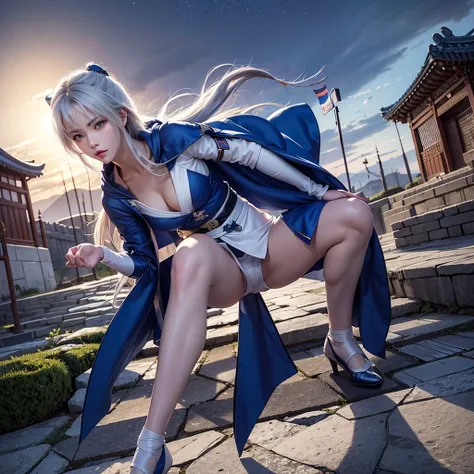 climbing a temple wall South korea ninja women mystery hooded on with modern royal Blue coat with long and wide sleeves with buttons and royal Blue cape and very high white heel over the knee and white gloves, As she reveals a small secret hidden blade com...