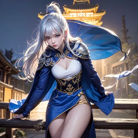 climbing a temple wall South korea ninja women mystery hooded on with modern royal Blue coat with long and wide sleeves with buttons and royal Blue cape and very high white heel over the knee and white gloves, As she reveals a small secret hidden blade com...