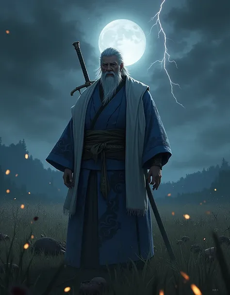 Isshin, the Sword Saint is a legendary warrior and the founder of the Ashina Clan. He is an old man with white hair and beard, wearing a blue kimono with black patterns and a white cloak. He carries a katana and a spear. He also has a gun hidden in his sle...