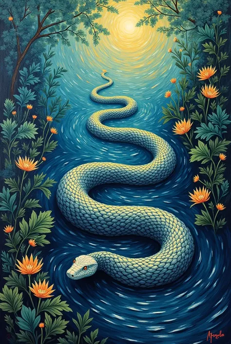 generates a painting of an anaconda with Van Goghs impressionism technique.
