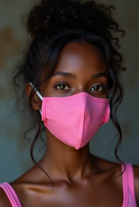 A girl of approximately 1.55, Dark skinned and thin with a pink face mask