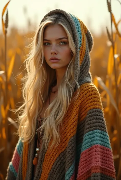 cinematographic photo Create a vivid description capturing the essence of a slender blond hippy women with wearing a boldly patterned chunky knit hooded Cape, look directly into the camera., in a tall golden corn festival field. The surreal scene is furthe...