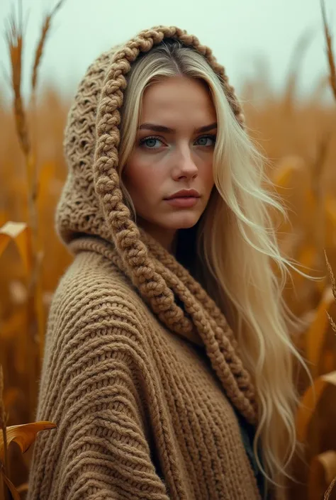 cinematographic photo Create a vivid description capturing the essence of a slender blond hippy women with wearing a boldly patterned chunky knit hooded Cape, look directly into the camera., in a tall golden corn festival field. The surreal scene is furthe...