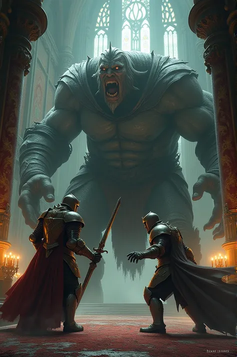 Dark fantasy two knights fighting a big giant in a big house