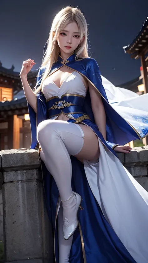 climbing a temple wall South korea ninja women mystery hooded on with modern royal Blue coat with long and wide sleeves with buttons and royal Blue cape and very high white heel over the knee and white gloves, As she reveals a small secret hidden blade com...