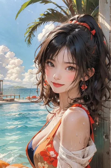 ((highest quality, masterpiece, High resolution)), ((reality)),Photos of beautiful Japanese women,((anime art))、 (((1 girl))), normal size breasts, slim body shape, long ponytail,double eyelid, Wet see-through bikini,Clean abs, A pareo with bold ethnic pat...