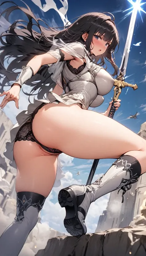 Ultra-high definition image quality、beautiful girl、Female Swordsman、Light Armor、Greeboots、Long Hair、Black Hair、20-year-old、have confidence々face、Very short tight skirt、Sexy stance、Cowgirl、wilderness、Highest quality,Big Ass、Big Breasts、Thighs、god槍グングニルを握る、Bl...