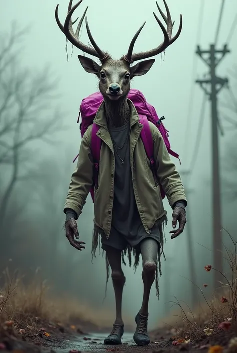 A zombie deer with half a woman, on two legs, carrying a fuchsia backpack 