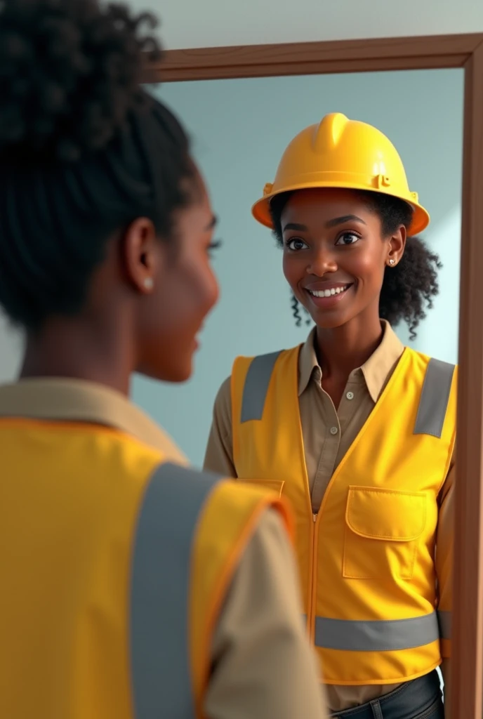 Une jeune fille noir qui a des cheveux un peu crepus et se fait un chignon , elle se regarde dans un miroir et elle voit son reflet qui est un peu mature et habillé avec luniforme complet dun ingénieur civil( avec le gillet jaune, casque jaune et des botte...