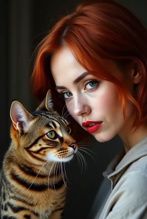 Brunette girl with short shoulder-length red hair and red lips, Oval face, body build of 80 kilos, she is not skinny, His eyes go from black to brown,  with his Bengal tabby cat, staring at each other 