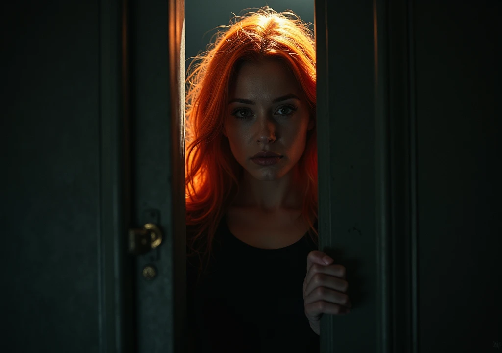 red-haired woman,opening a door leading her to a wall,background of darkness 