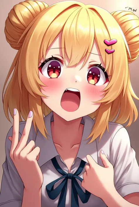 Uma garota semi-nua, sendo fodida por trás em um ambiente escolar, blonde hair, double bun, heart-shaped pupils, dashed eyes, blush, saliva, tongue out, screaming, bright pupils, moaning, drooling, ahegao, naughty face, full-face blush, rape face, anime, U...