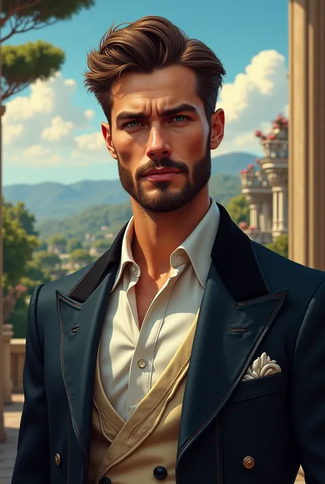 Prince of Monaco 30 years, extremely handsome and manly, very athletic body, His facial features are fine But while a serious face, with a very well-groomed and perfect beard, sky-blue eyes and light brown hair. In the background a landscape in the Victori...