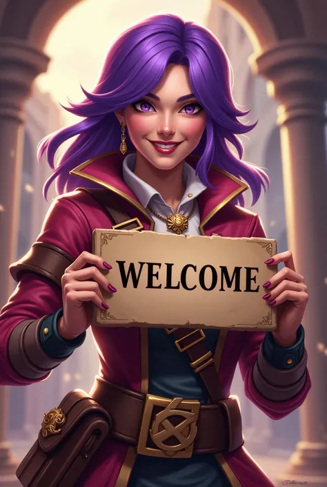 a purple haired woman leads a guild, she was happy smiling looking at the camera holding the word, welcome to plunderes