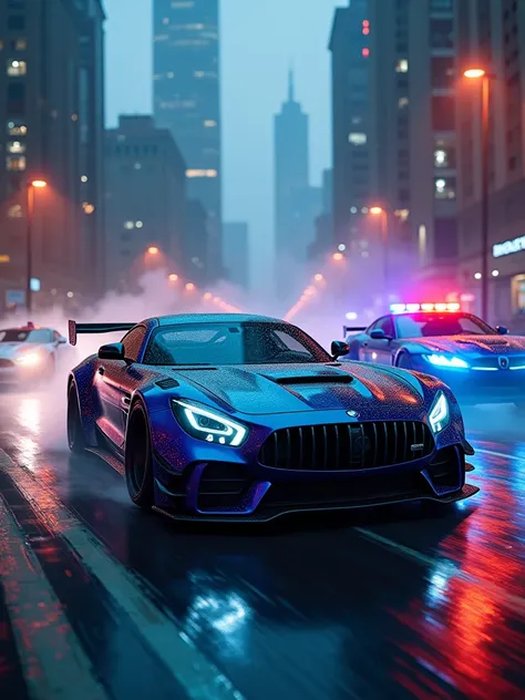 sport car, shimmery metallic blue job paint, aggressive look, tuned, bmw m3 gtr vs corvette c6 cop, mix, full car only, in motion, (bright headlights on:1.6), (at night:1.6), high speed, (motion blur:1.3), (driver:1.6), movie action scene, (Need for Speed:...