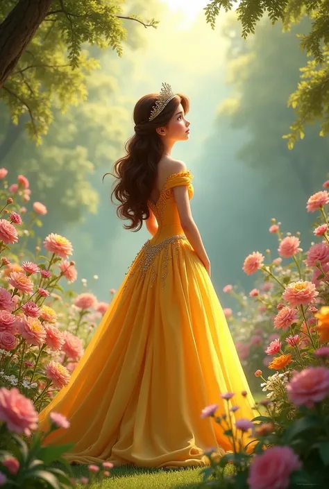 Make a princess with a yellow dress and brown Disney-style hair admiring some flowers