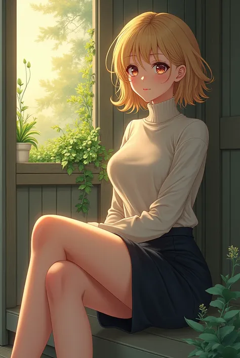 (photorealism:1.2), beautiful woman, sitting on porch, wearing turtleneck sweater, pencil skirt, short blonde hair, outdoors, soft lighting, plants in window, relaxed pose, anime, intricate details, warm colors