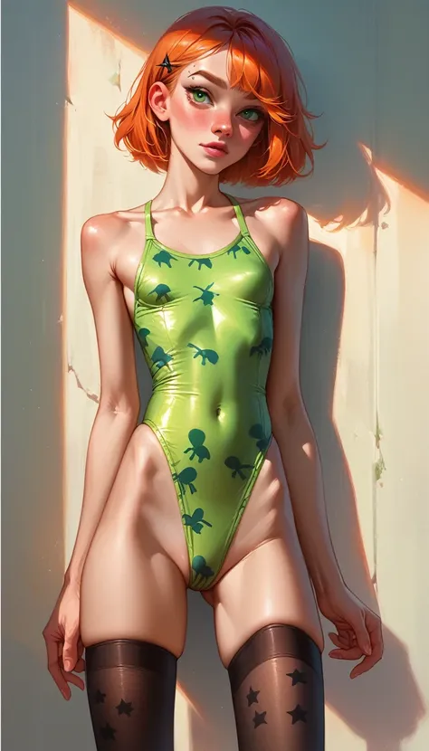 Gwen Tennyson. green eyes. ginger. flover print swimsuit. stockings. small saggy breast. skinny,