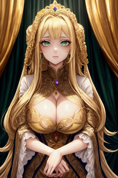 (best quality)) ((masterpiece)) human, 1woman, ((stern facial expression)), huge_breasts, solo, long_hair, ((1green eyes)), ((light_blonde_hair)), ((stern face)), looking_at_viewer, massive_breasts, wide_hips, freckles, gold_trim, very_long_hair, gold_jewe...