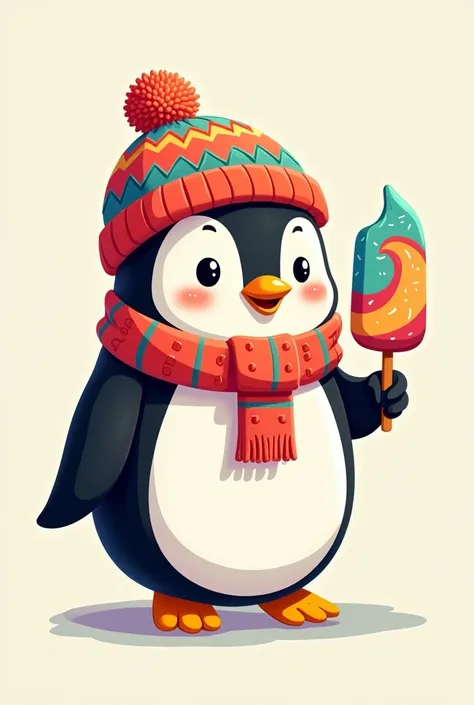 Penguin wearing a hat and scarf with a cartoon popsicle