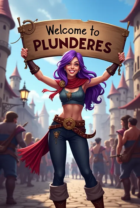 a purple haired woman leads a guild, she was happy smiling looking at the camera holding the word welcome to plunderes