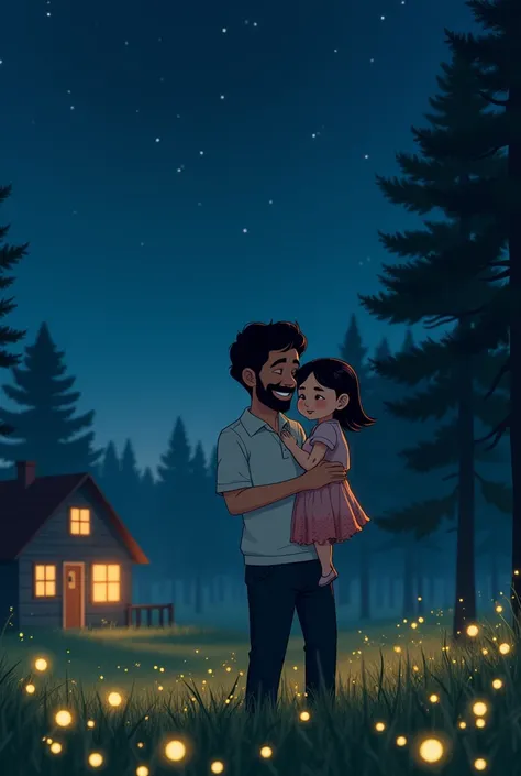 Masterpiece level 16:9 ratio, amazing style, deep love between father and daughter, elevated shot, the house is on the left side of the frame, the background is night, dark blue, starry sky, very elastic and creative, father wearing white vest and black pa...