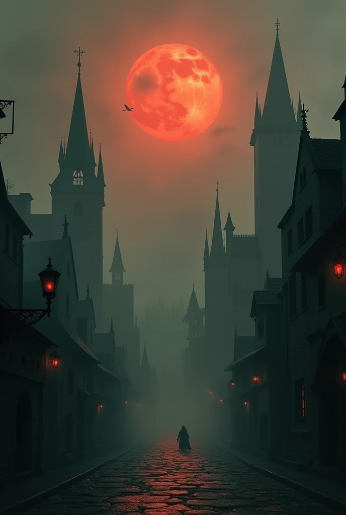 Crie uma cidade medieval de dungeons and dragons, do with an eclipse, make the city with a thick fog, make this city with thick fog and eclipse, and in this city there is a red dragon from dungeons and dragons, just show his silhouette in the fog, make it ...