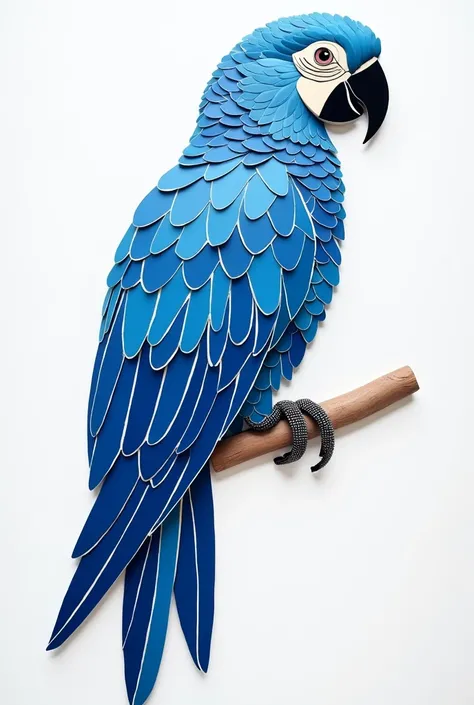 Create an illustration of a parrot designed to be made into a mosaic. The parrot should be composed entirely of different shades of blue, with clear, flat color areas to represent the individual mosaic tiles. The image should focus on the parrot in profile...