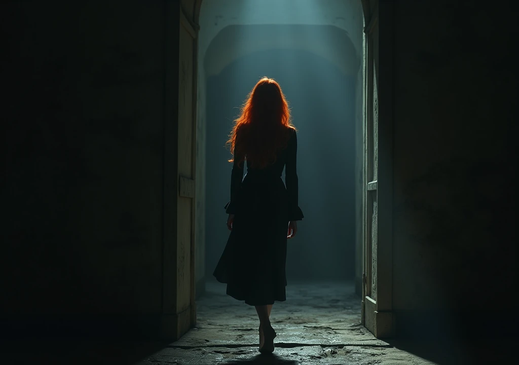 Redhead woman from behind,opening a door leading her to a wall,background of darkness 