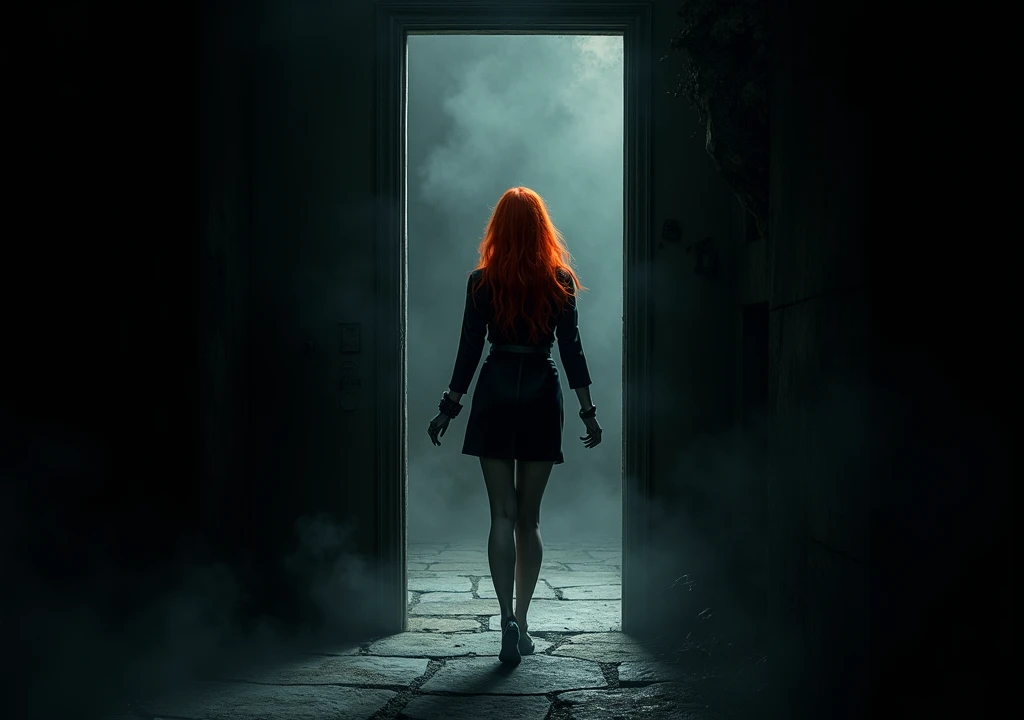 Redhead woman from behind,opening a door leading her to a wall,background of darkness 