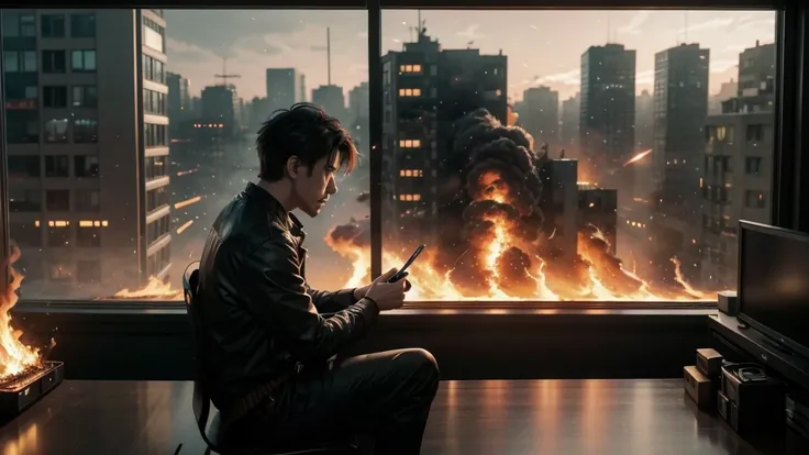 anime scene of a man sitting at a table in front of a window, background art, pc wallpaper, keyframe illustration, burning scene in the background, Burning city background, office background, epic scene full of computers, inspired by Ismail Inceoglu, the w...