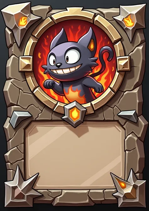 Design a 3D-stylized card frame for a SOLMON card, inspired by the fiery, dynamic art style of the feline character. The frame should have a bold and intense design, with textures and colors that evoke the energy and heat of fire.

Use vibrant shades of or...