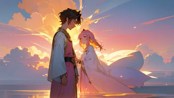 A 16-year-old boy standing in a serene, heavenly world, surrounded by soft clouds and a radiant, golden light. In front of him stands a girl dressed in a flowing pink dress, her appearance gentle and welcoming. The two are meeting in this peaceful, etherea...