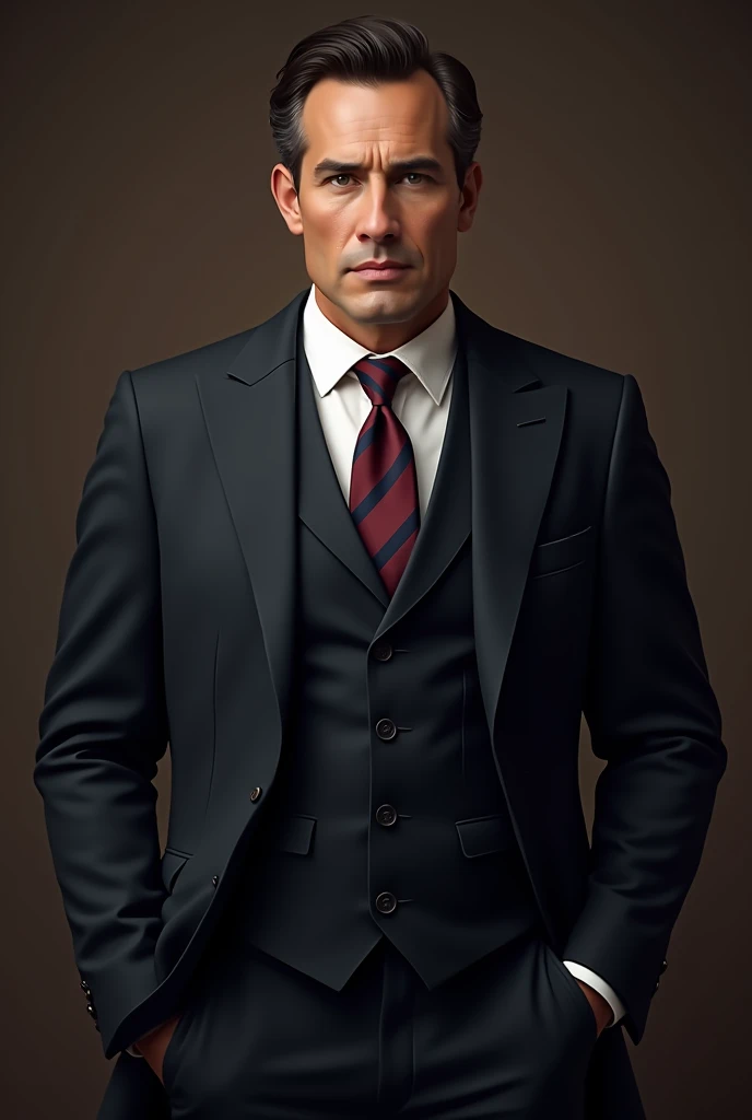 Gentleman He wears a classic black or navy blue suit, with a crisp white shirt and a well-fitted silk tie, possibly in shades of red or dark blue