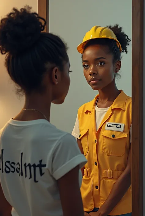 Une jeune fille noir qui a des cheveux un peu crepus et se fait un chignon habillé avec un t-shirt qui écrit Eliassaint, elle se regarde dans un miroir et elle voit son reflet qui est un peu mature et habillé avec luniforme complet dun ingénieur civil( ave...