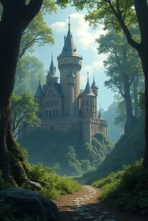 Forest mixed with a Monaco castle with background images of arrows and bows 