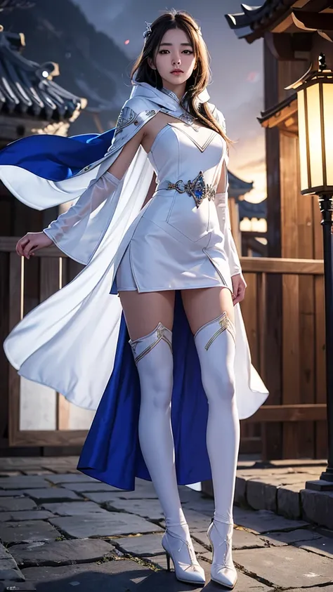 climbing a temple wall South korea women mystery hooded on with modern royal Blue coat with long and wide sleeves with buttons and royal Blue cape and very high white heel over the knee and white gloves, As she reveals a small secret hidden blade coming fr...