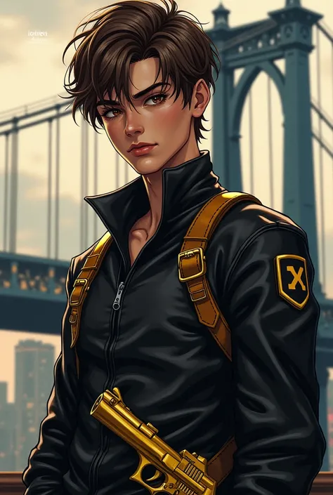 A 20-year-old young man with brown hair and a serious expression, illustrated in a detailed style. He is wearing a black leather jacket with yellow-brown accessories, such as buckles and patches. A pair of golden pistols is holstered at his waist, gleaming...