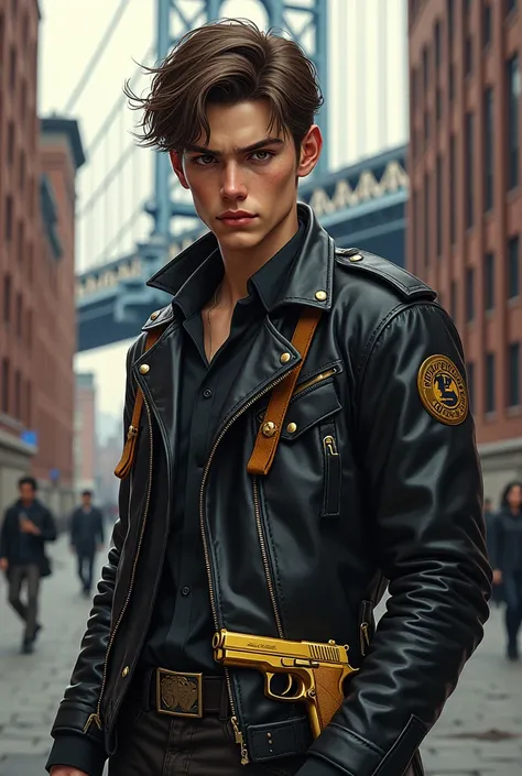 A 20-year-old young man with brown hair and a serious expression, illustrated in a detailed style. He is wearing a black leather jacket with yellow-brown accessories, such as buckles and patches. A pair of golden pistols is holstered at his waist, gleaming...