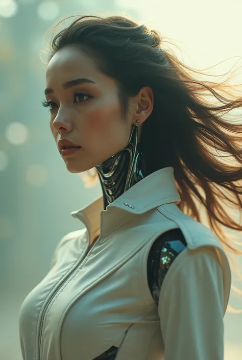 Photo of a humanoid artificial intelligence with natural skin, far away, airflow, and thick hair, sharp looking eyes, thin, upturned nose, Lip fat, hourglass figure, typical clothes and makeup, details Intricate, Energetic, vivid, epic, Soft, film, 4K, con...