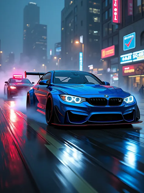 sport car, shimmery metallic blue job paint, aggressive look, tuned, bmw m3 gtr vs corvette c6 cop, mix, full car only, in motion, (bright headlights on:1.6), (at night:1.6), high speed, (motion blur:1.3), (driver:1.6), movie action scene, (Need for Speed:...