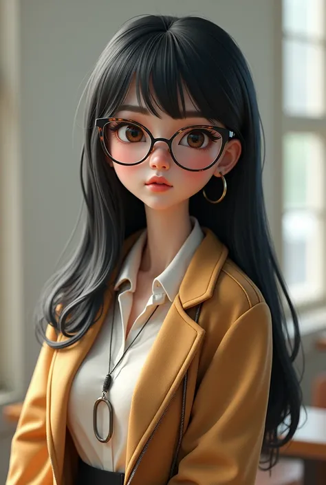 generate image：The style is"3D", Teacher who wears glasses, eyes the color of honey, full lips, straight black hair and white skin.