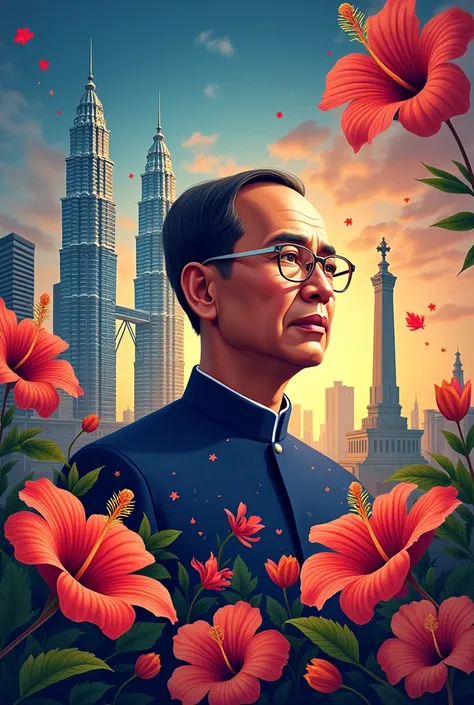 Malaysia Independence Day Poster , with tunku abdul rahman putra al haj , national monument , KLCC twin building , Malaysian flag , Hibiscus , rafflesia flower , sparks