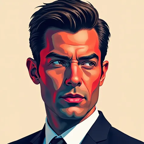 Create a contemporary portrait of a man with sharp features, using a bold and graphic style. Use vibrant, contrasting colors with a strong emphasis on red and blue hues. The background should be a neutral, pale beige or light peach color. The face should b...