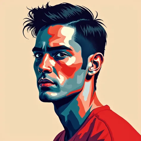 Create a contemporary portrait of a man with sharp features, using a bold and graphic style. Use vibrant, contrasting colors with a strong emphasis on red and blue hues. The background should be a neutral, pale beige or light peach color. The face should b...